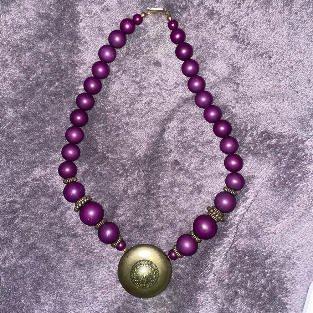 Vintage Purple & Bronze Color Beaded Costume Jewelry Statement Art Deco Necklace